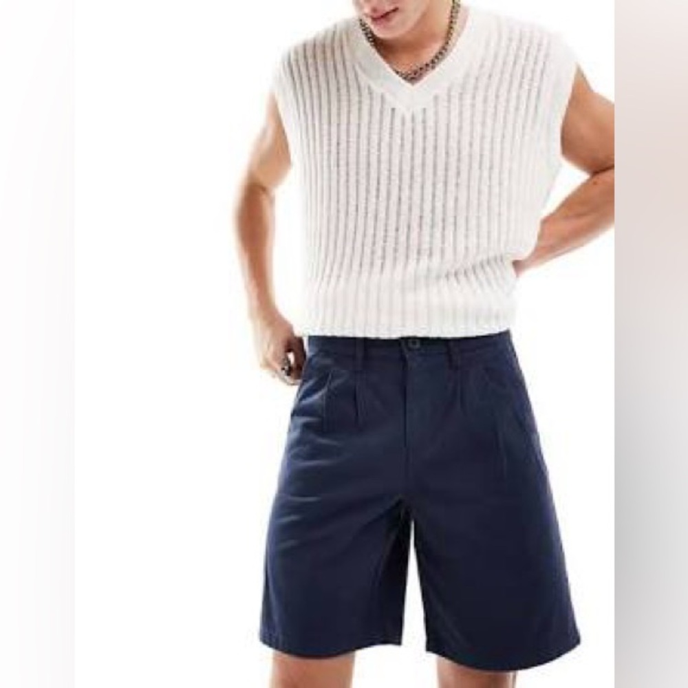 ASOS Design Navy Linen Blend Trouser Shorts Pleated Pleats Summer 10 TALL